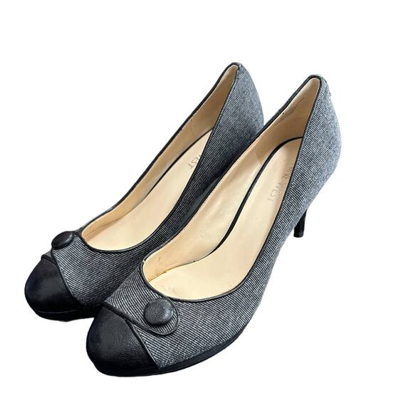 Nine West Black Grey Heel Pumps Button Detail Striped Womens Size 8 - Picture 1 of 11
